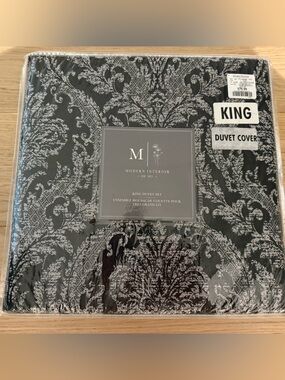 🖤 NWT Modern Interior King Duvet Cover Set Black & Grey Damask Luxury Bedding